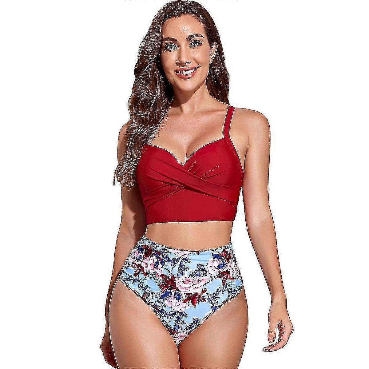 Kaxidy Womens Bikini Sets Two Piece Swimsuits High Waisted Bikini Set Ruffle Tummy Control Bathing Suit Red