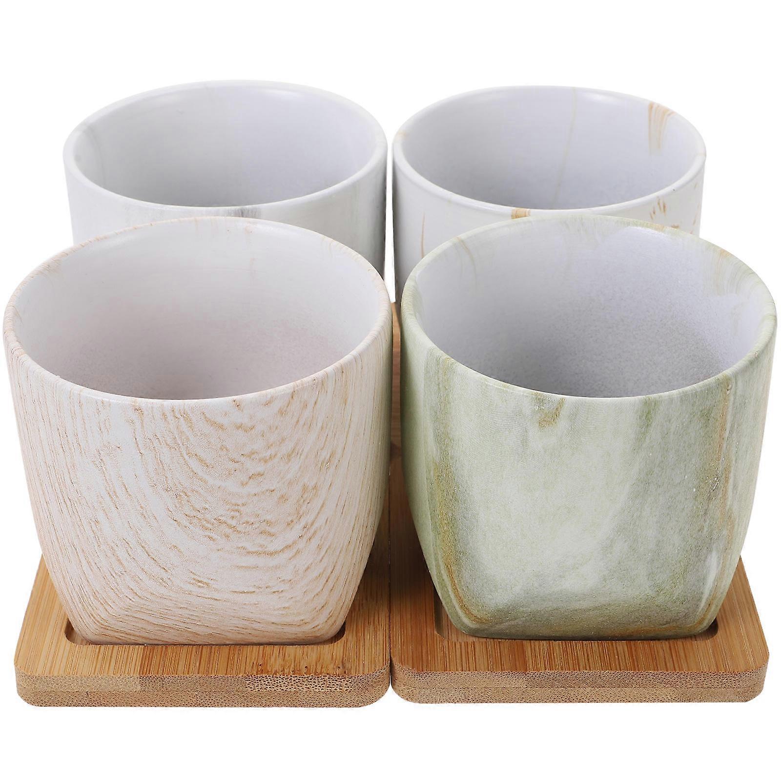 Rustic Ceramic Flower Pot with Bamboo Tray for Succulents 8Sets