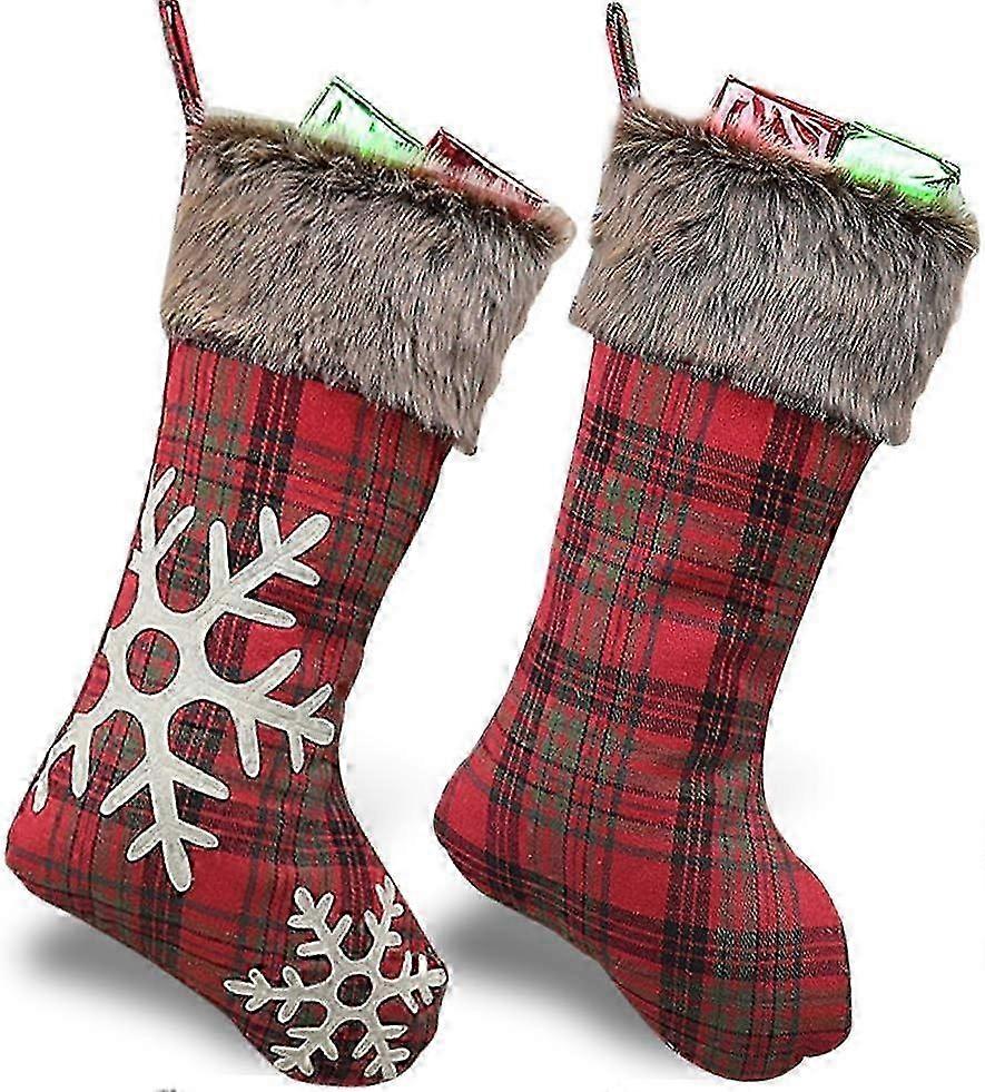 Christmas Stockings 2021, 18 Inches Burlap with Large Plaid Snowflake and Plush  fz