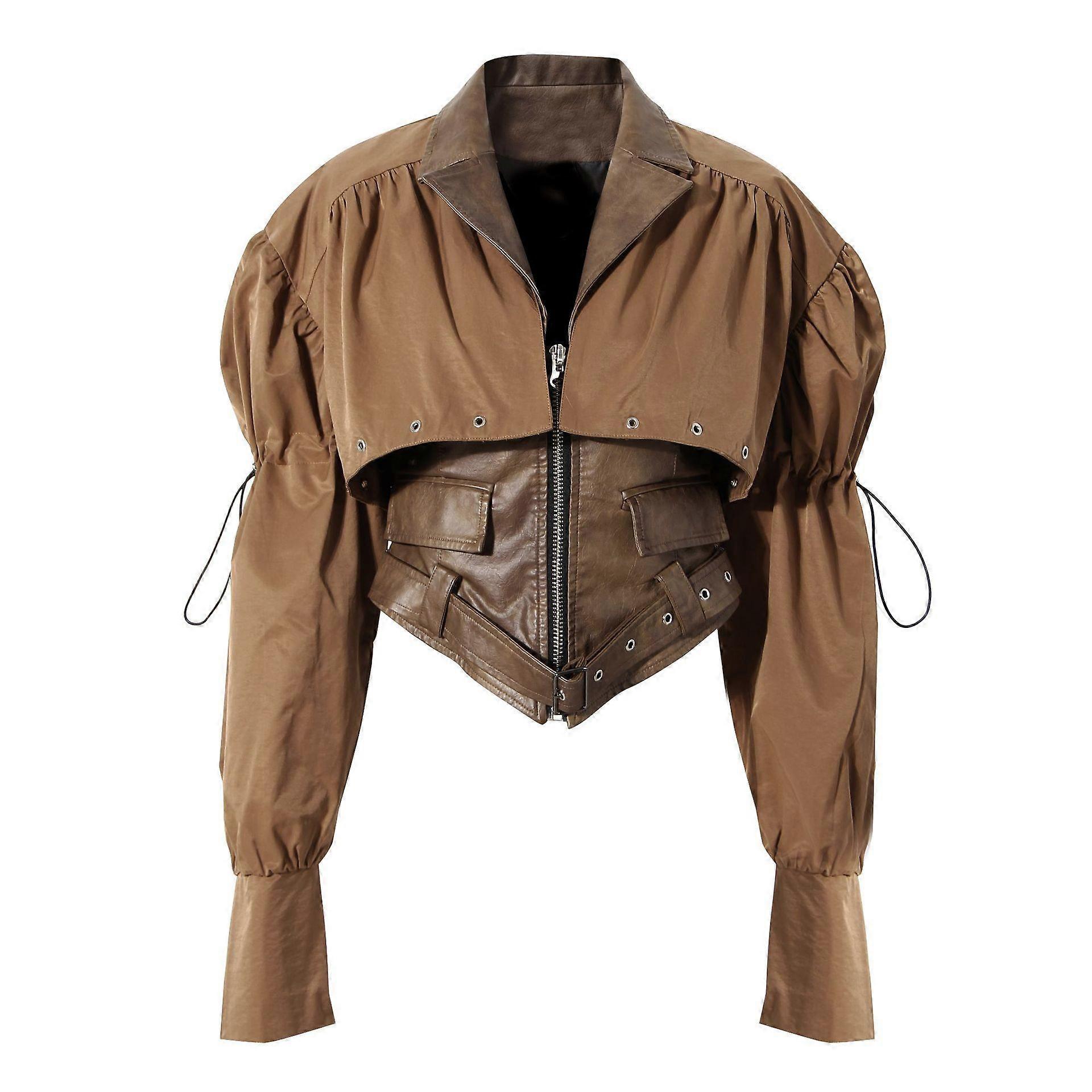 Niche Design Two-Piece Coat Spring Cloak Stitching Pu Handsome Waist-Tight Jacket Top For Women