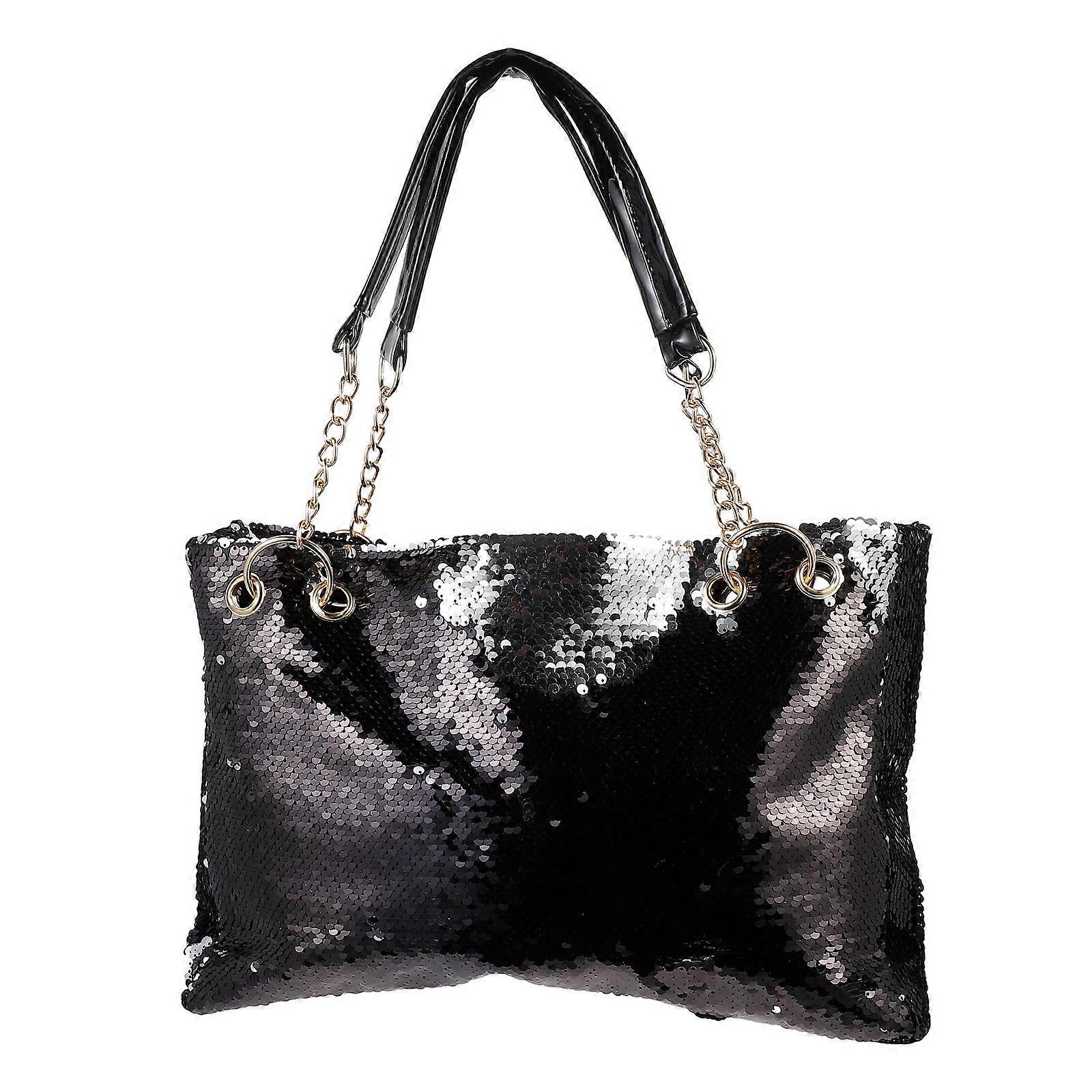 Glitter Handbag Reversible Large Capacity for Women Use 3Pcs Chain Strap Tote