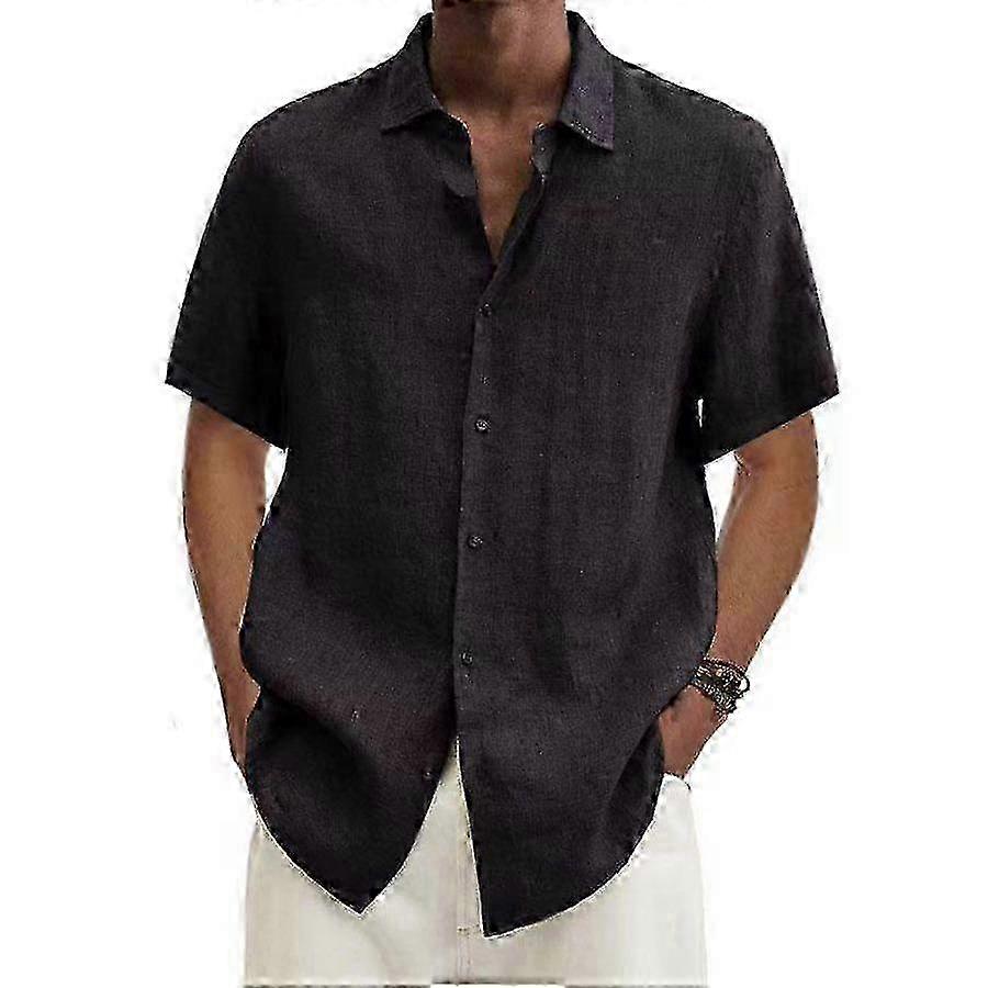 Men's Solid Color Lapel Button-Up Shirt made from a Linen and Cotton Blend