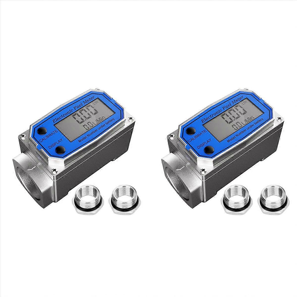 2 Set 1 Inch Flow Meter with 3/4 Inch Adapters, Digital Turbine Flow Meter 2.5-31 GPM Inline NPT Thr