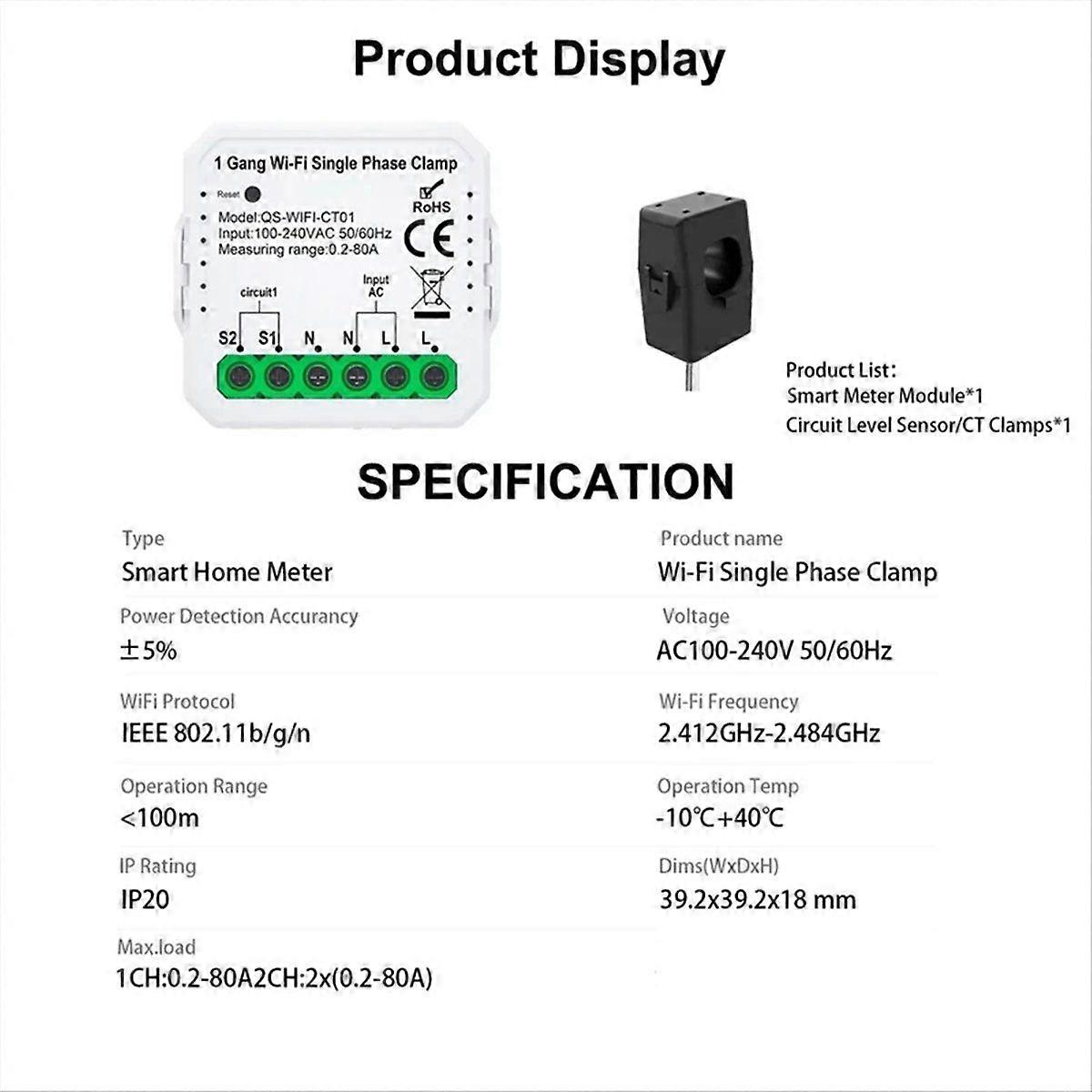 Smart Life WIFI Energy Meter Current Sensor Statistician 2CT