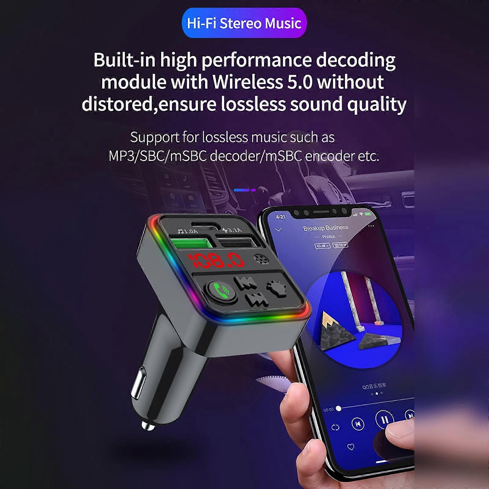 Gnobogi Car FM Transmitter Bluetooth 5.0, Wireless Handsfree Kit with 2 USB+PD Charger, MP3 Player & Radio Adapter