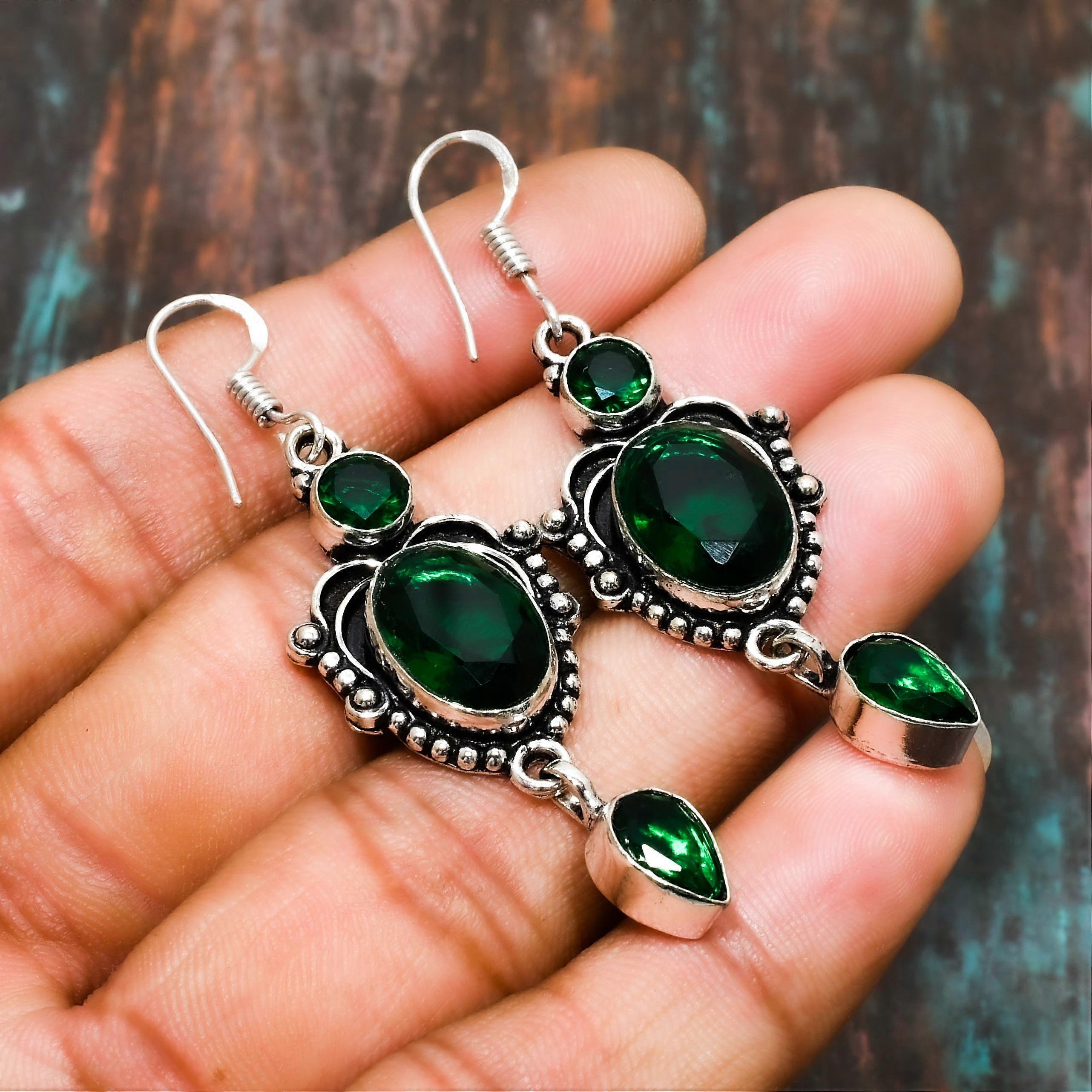 Orecchini in argento sterling 925 con pietra preziosa, fatti a mano, con diopside di cromo