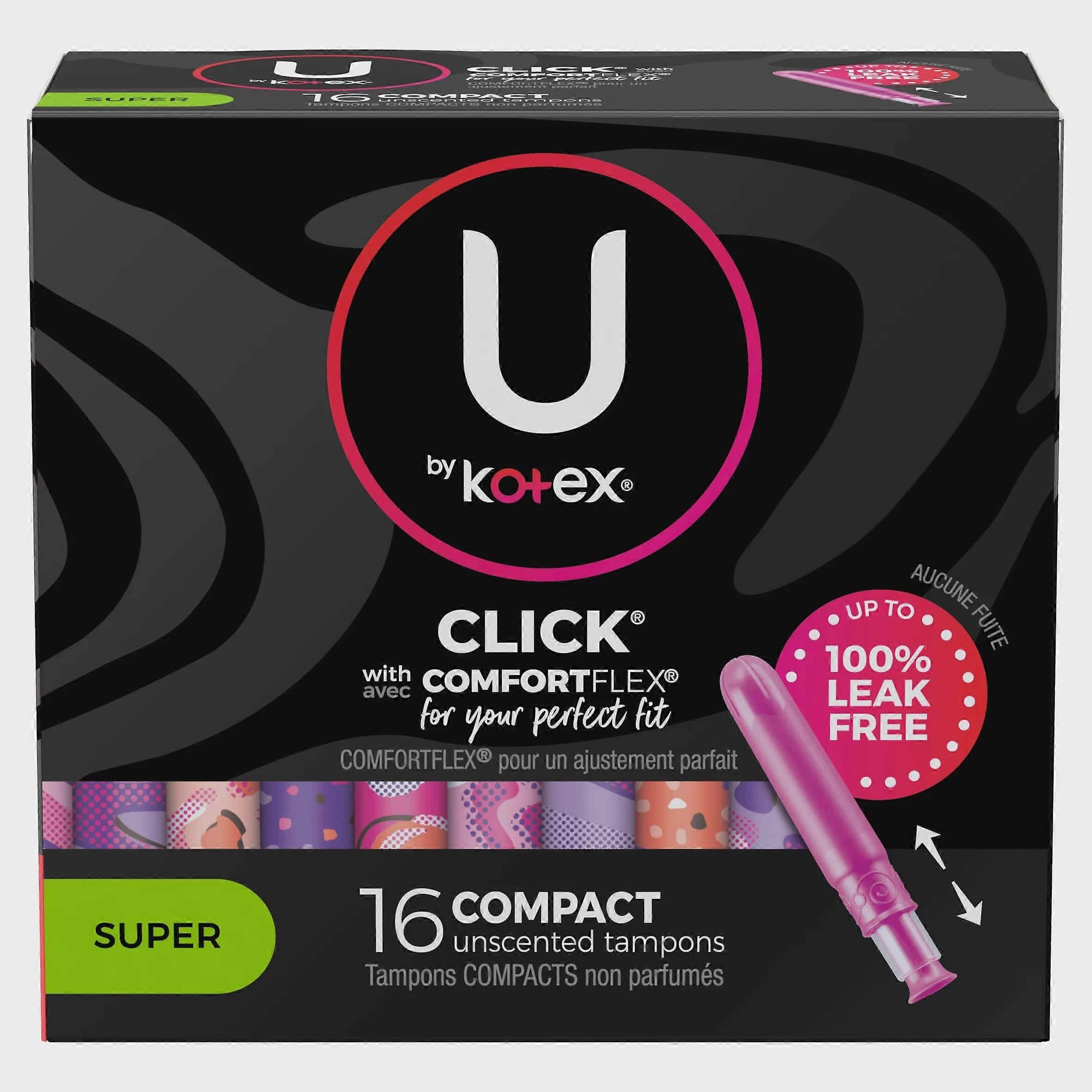 Kotex U Click Compact Tampons, Super, Ongeparfumeerd, 16 stuks