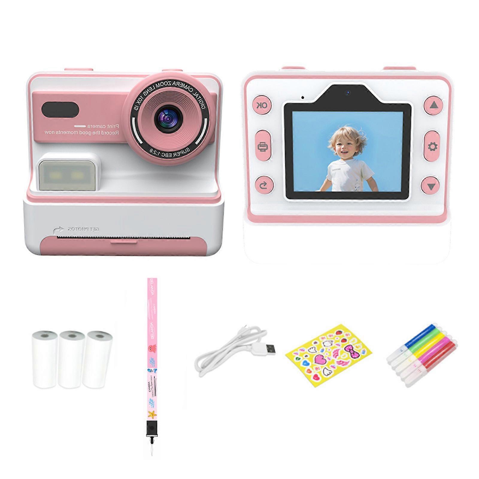 Children's Digital Camera Instantly Print 2.4inch Screen with Stickers & Filters for Photos Taking Video Recording Machine  cherry pink