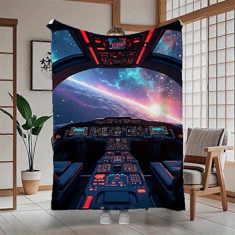 Spaceship Cockpit Space View Print Flannel Blanket - Suitable for Sofa, Travel, Camping, Napping, Home Decor, All-Season-LKJAS148
