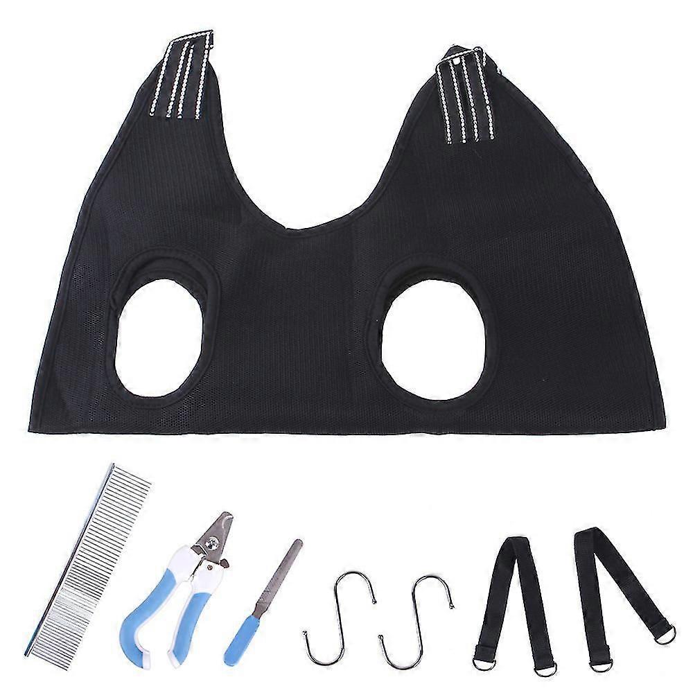 Dog Grooming Hammock Kit, Dog Hammock with 4 S-Shape Hooks with 1 Comb and 2 Straps, Breathable Fabric Pet Grooming Bag - M, Black