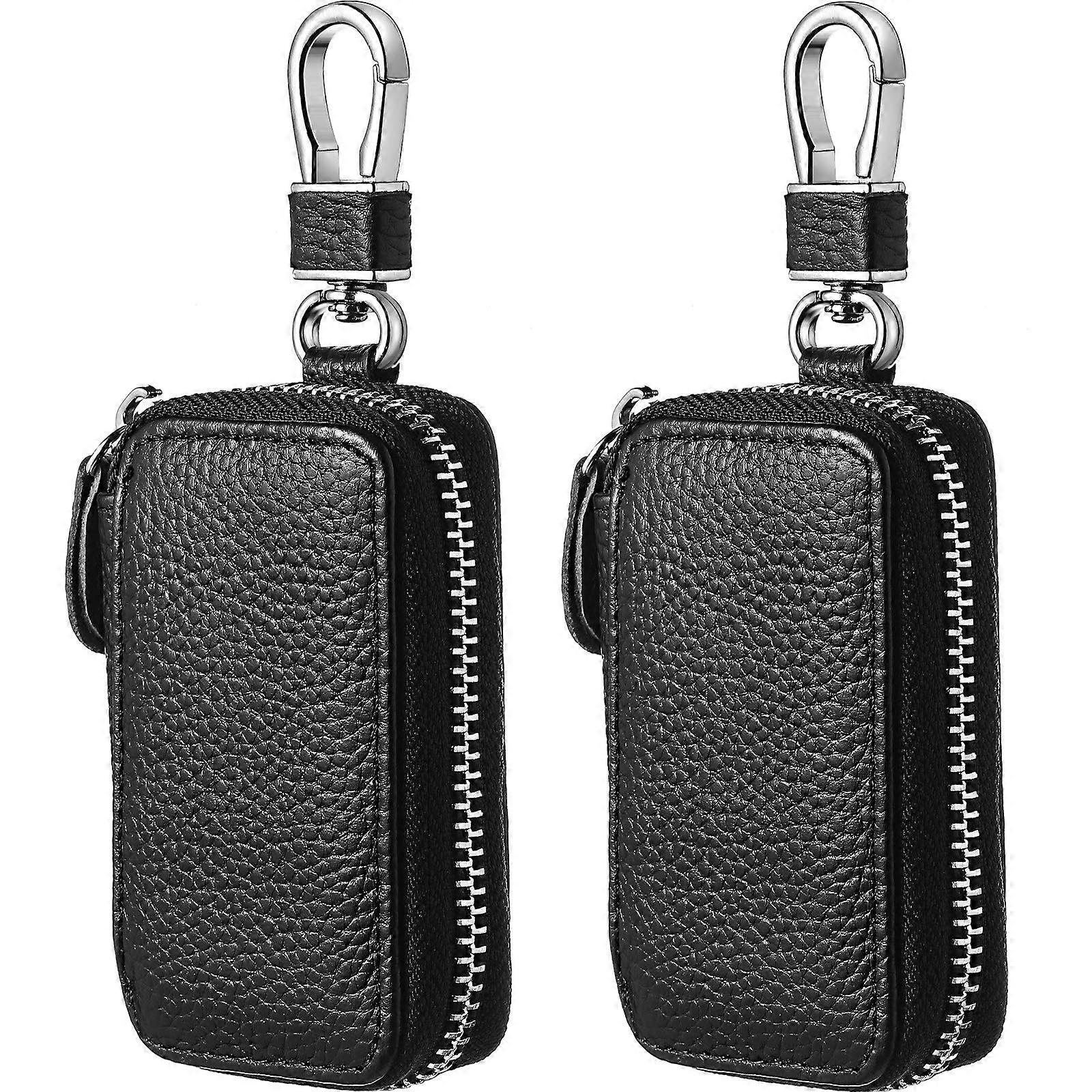 2 Pieces Leather Car Key Case with Zipper, Metal Hook and Dual Key Rings for Scratch Protection