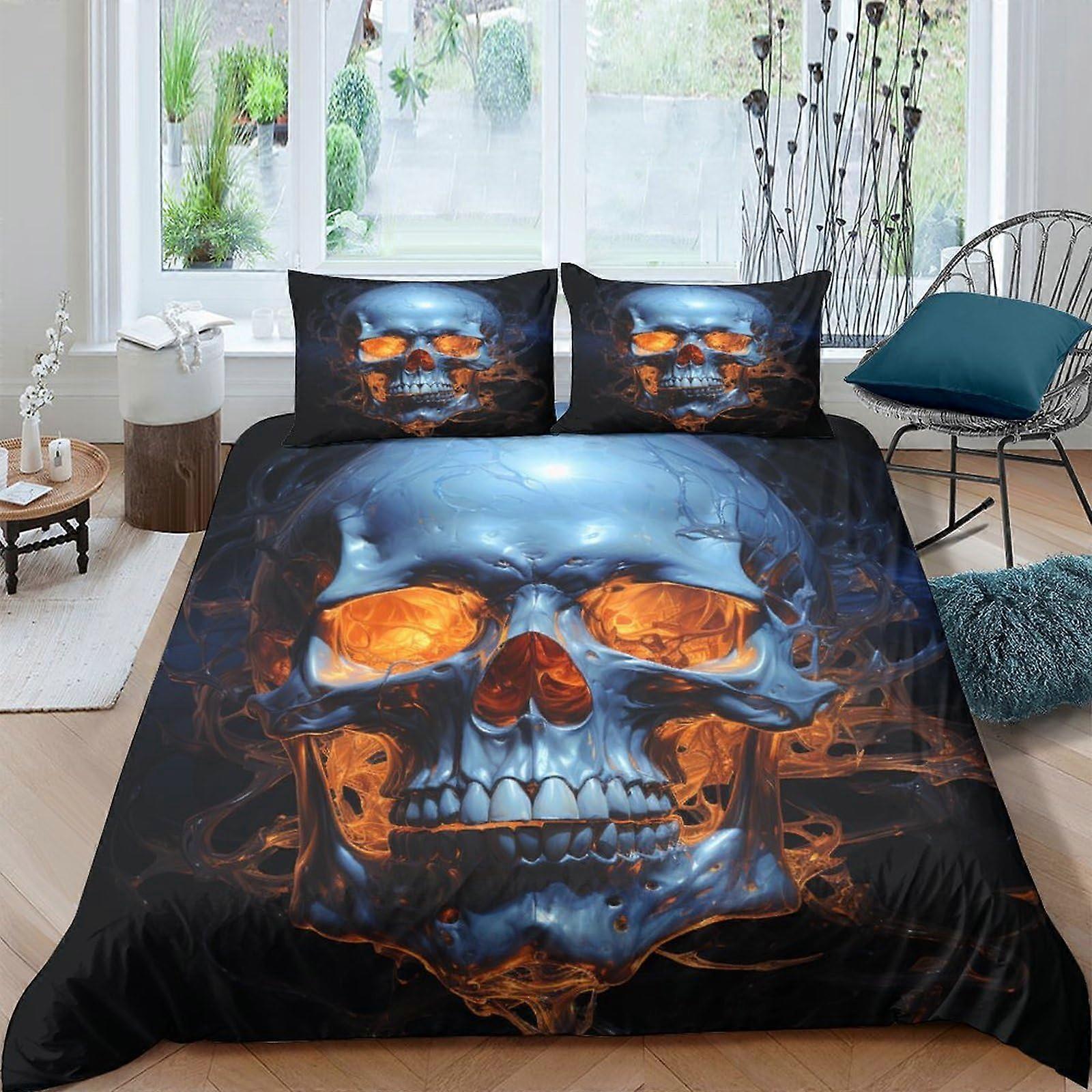 Skull Duvet Cover Queen Size 3D Printed Burning Skull Bedding Set with Pillowcases and Zipper Closure