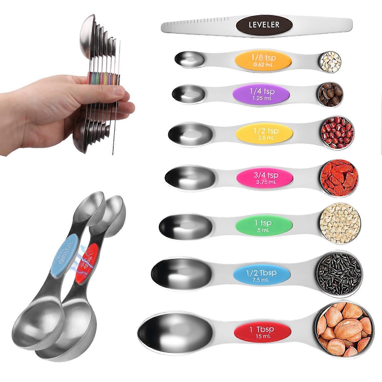 Magnetic Stainless Steel Measuring Spoon Set 8PCS DoubleEnded with Leveler RustResistant Colorful