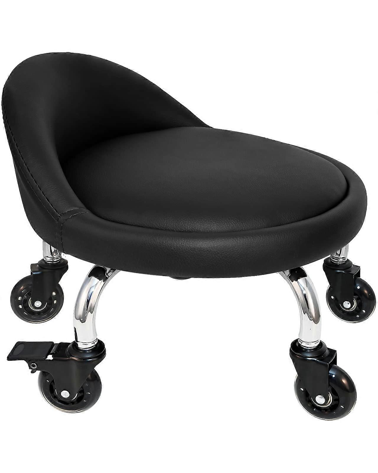 Rolling Stool with Backrest Ergonomic Low Seating 450 lbs Capacity PU Leather Wheels Black