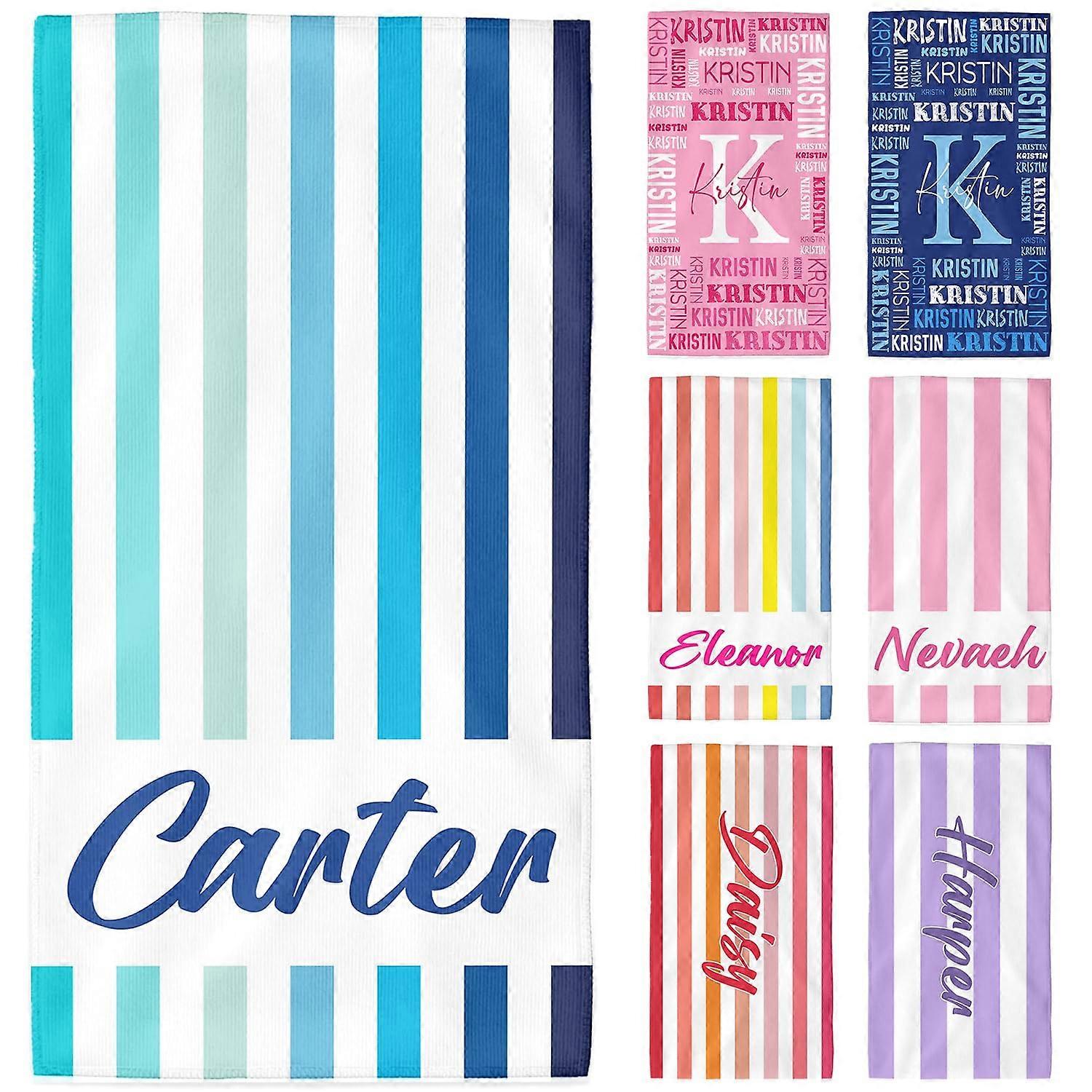 Oversized  Striped Beach Towel with Custom Name, Quick Dry Microfiber for Travel