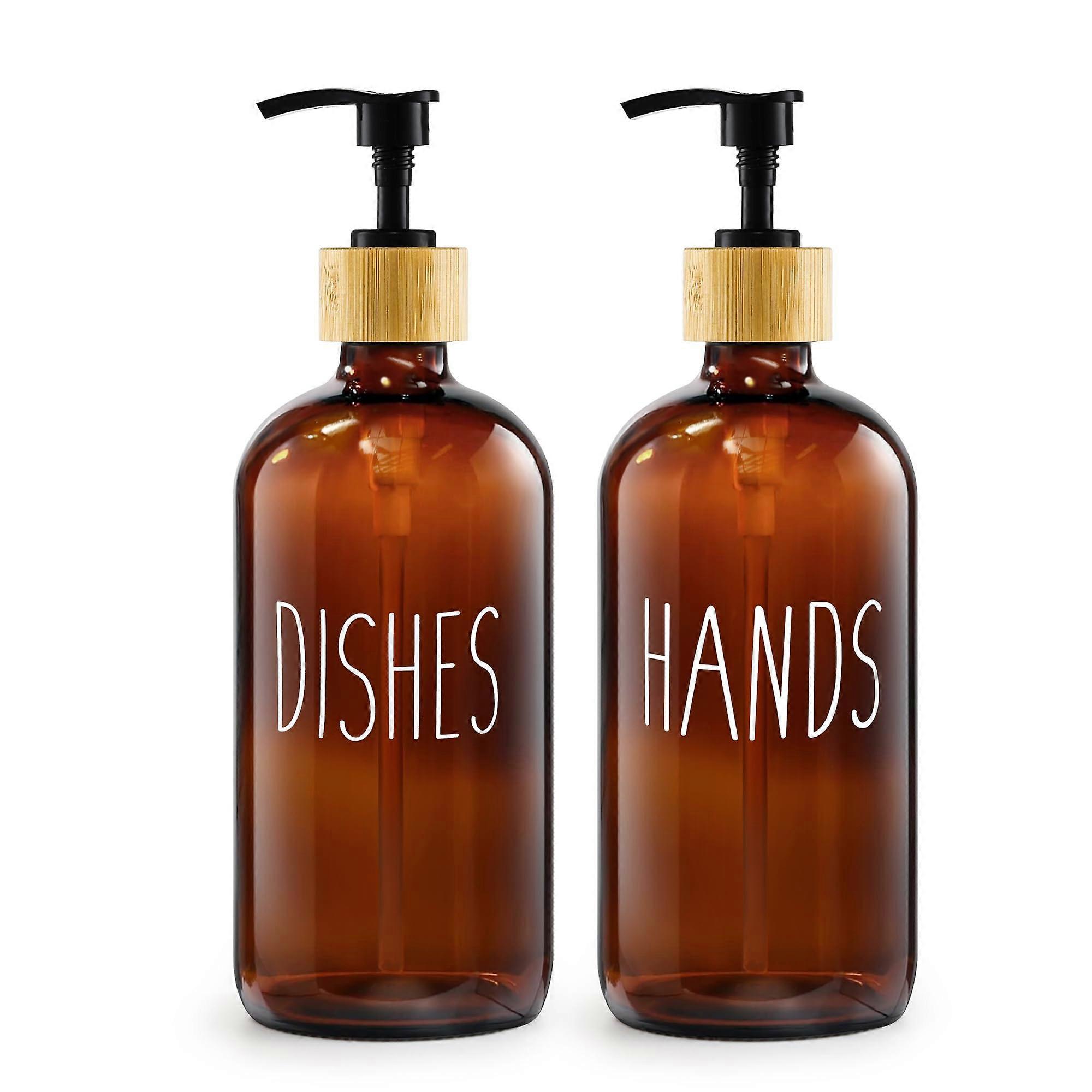 2 Pack 17oz Glass Soap Dispenser Set with Bamboo Pump, Refillable for Kitchen and Bathroom