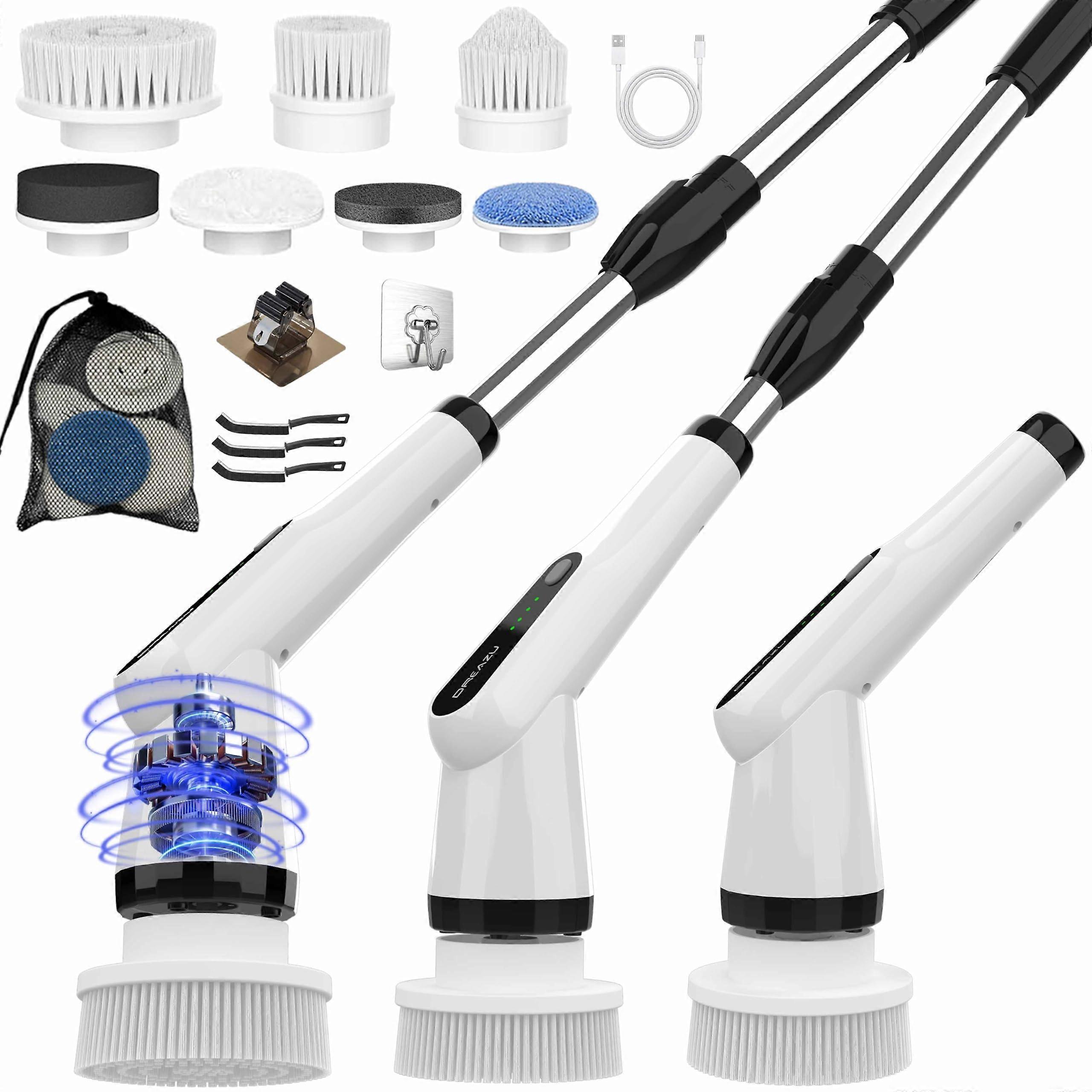 Electric Spin Scrubber with Extendable Handle, 7 Brush Heads, TwoSpeed Motor, Waterproof Design