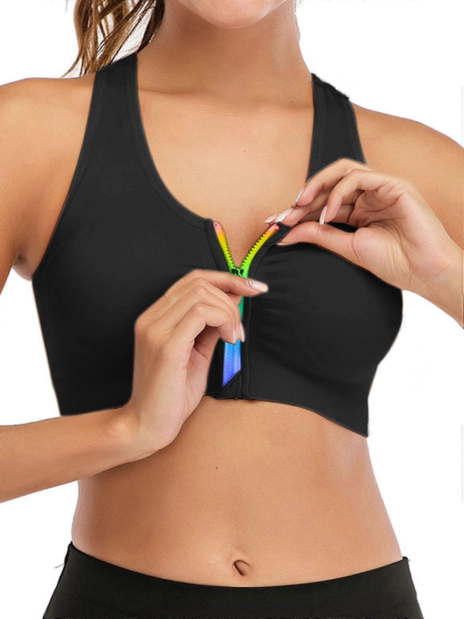 Women's Sports Bra Wireless Post Surgery Bra Zip Front Yoga Bra with Removable Pads Tank Top Racerback Sports Bra