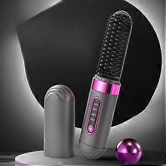 Brosse lissante sans fil, peigne chauffant rechargeable à ions en céramique émaillée, lisseur portable sans fil anti-frisottis pour la maison et les voyages, Gris-Pi