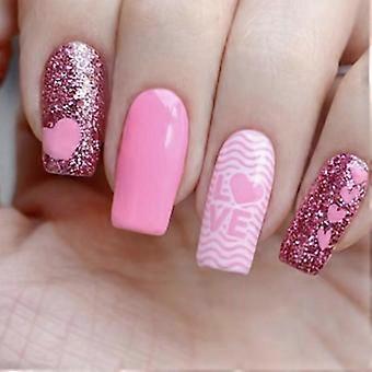 Medium Square False Nails Valentines Day Press On Nails Glittering Full Cover Stick on Nails Love Heart Artificial Nails