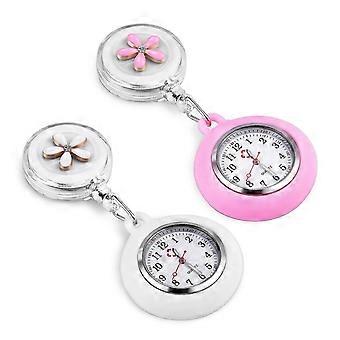 2PCS Retractable Nurse Watch, Clip-on Hanging Nurse Fob Watch, with Cute Flower Pattern and Silicone Cover for Doctors, Paramedics