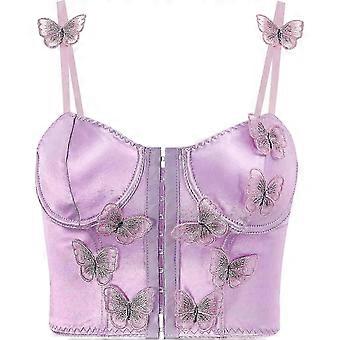 Women Silky Satin Front Push Up Bustier Chic Butterfly Applique Corset Bra Vest Tight Sleeveless Tube Top