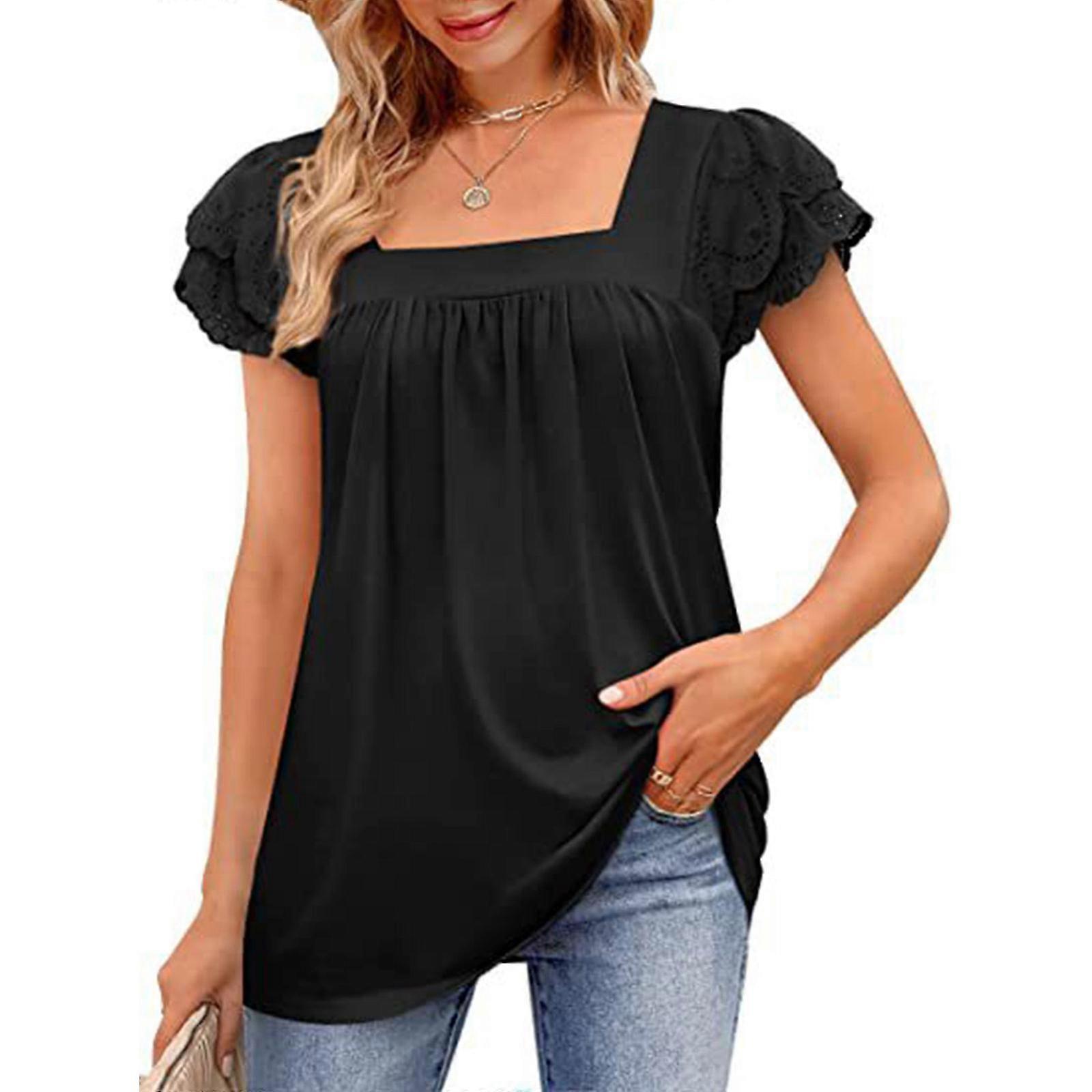 T-shirt élégant à manches courtes pour femme, en dentelle à volants superposés, couleur unie, col carré, coupe ample, plissé, style blouse/tunique, tailles S à 2XL, noir