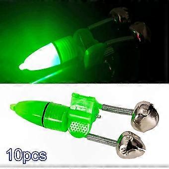 Juego de 10 alarmas de pesca con campanas dobles y función luminosa para alertas de caña de pescar nocturnas.
