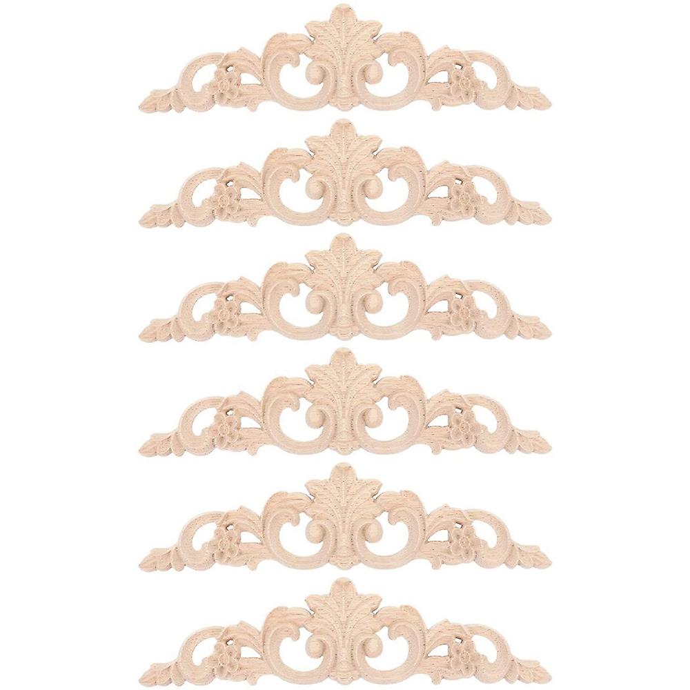 6Pcs Onlay Wood Mouldings Wood Applique Wood Decal Carved Unpainted Long Flower Rubber Wood Furnitu