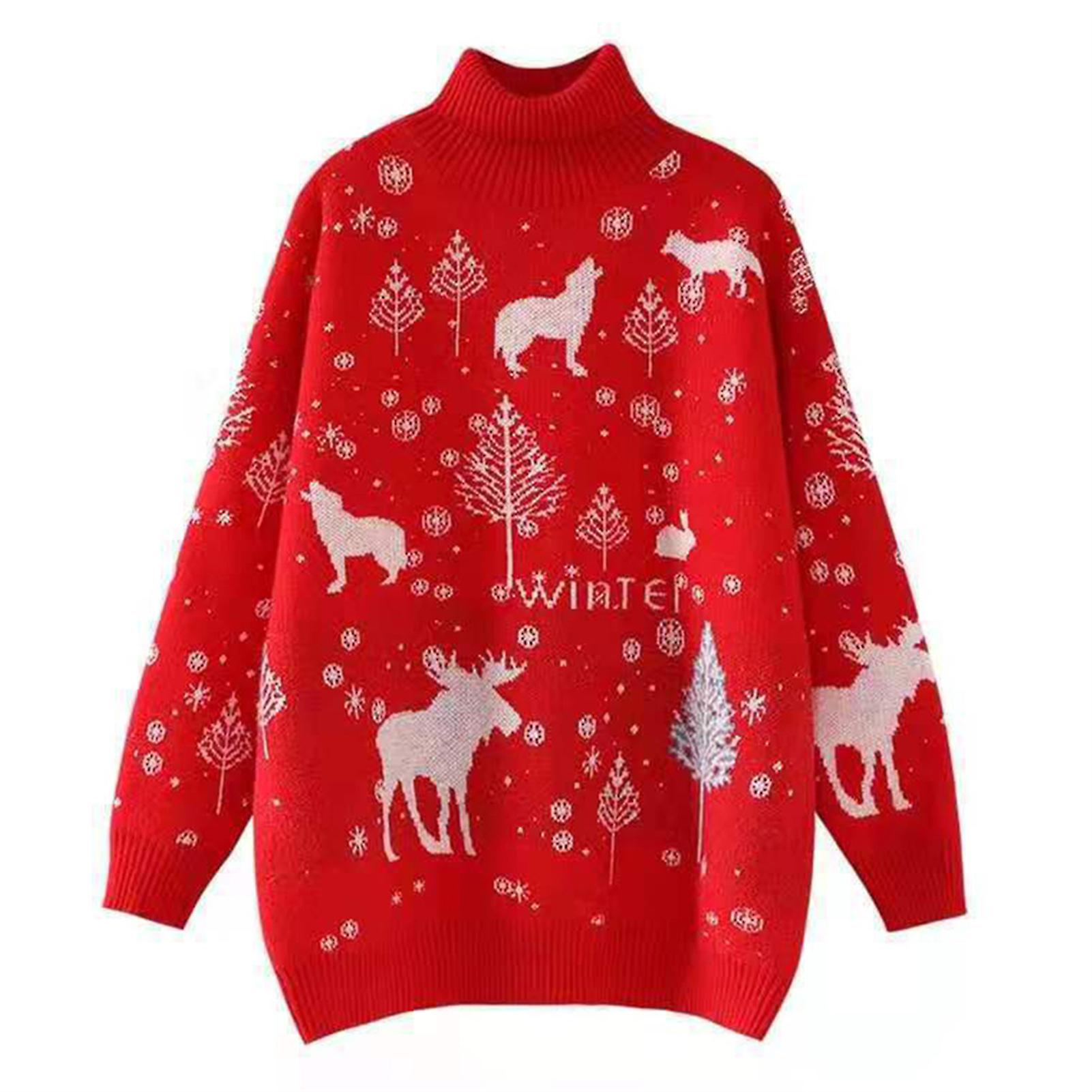 Frauen Weihnachtspullover Warm Langarm Pullover Gestrickt Rollkragenpullover