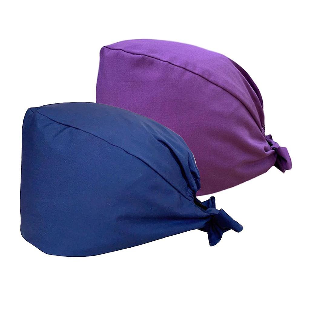 Scrub Cap Stretch Bouffant Working Hat Head Wrap Purple+Navy