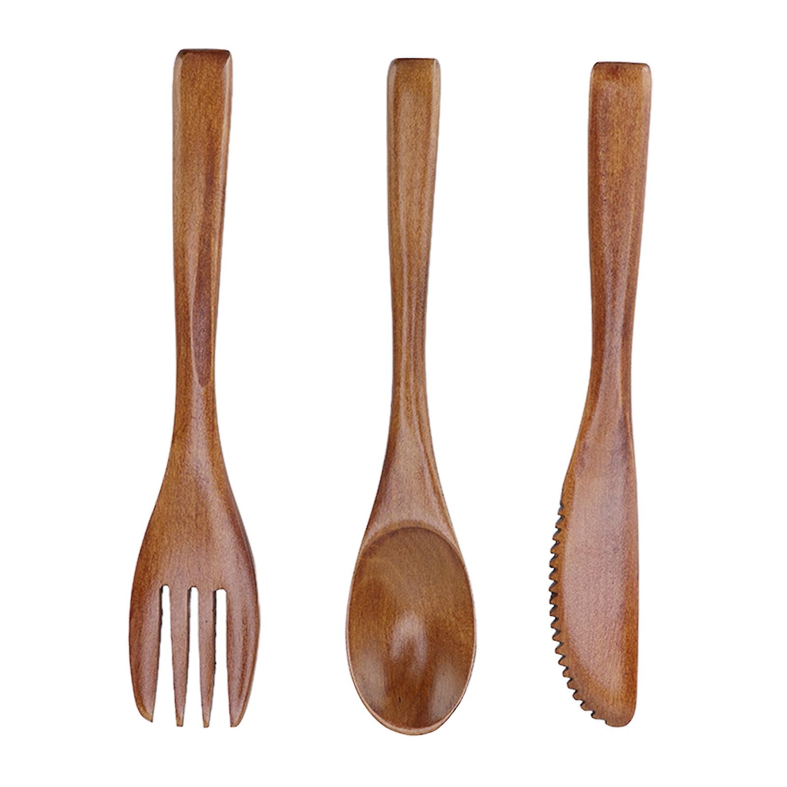 3 pcs couteau en bois fourchette cuillère ensemble réutilisable poignée droite Phoebe kit d’ustensiles de dîner en bois pour un usage domestique 