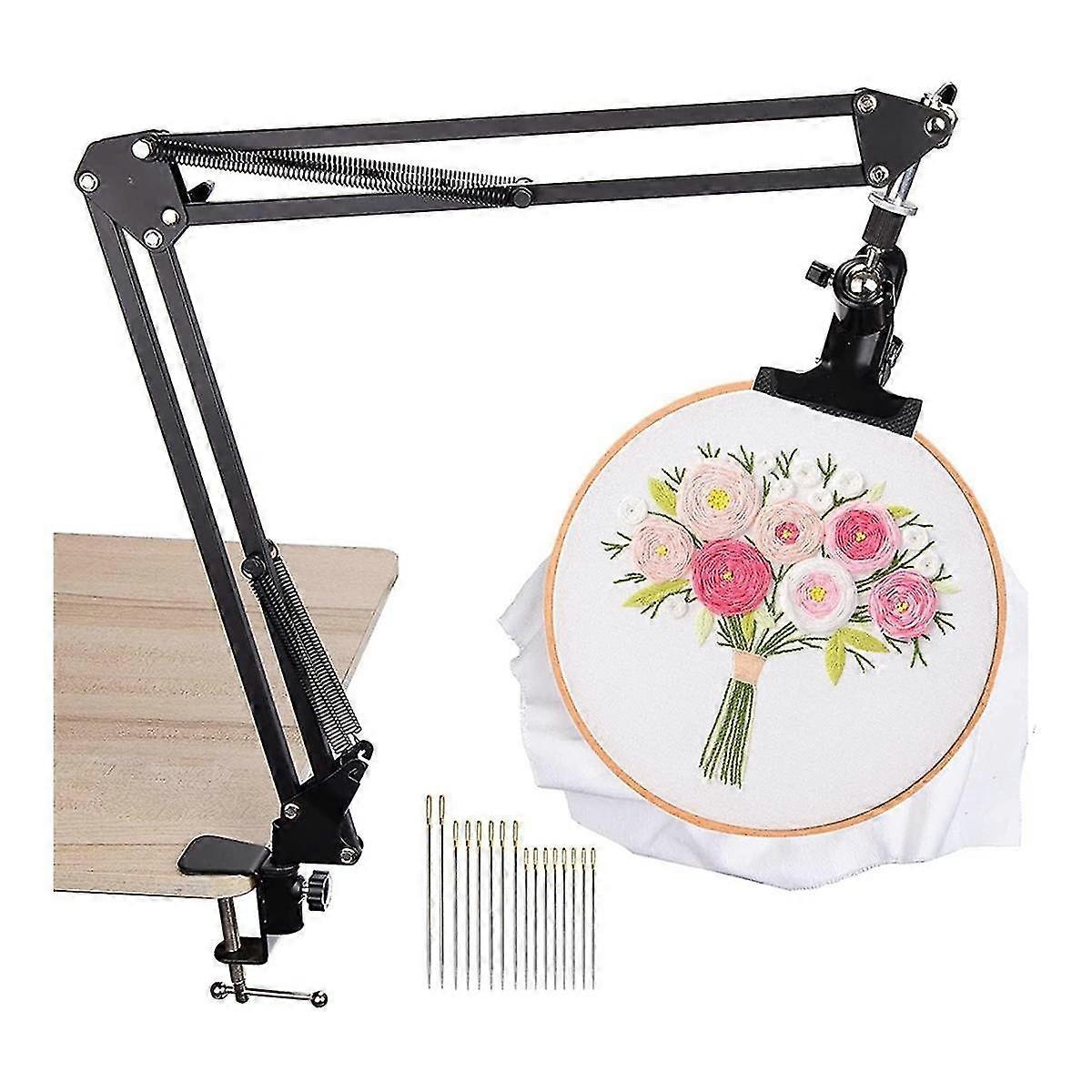 حامل تطريز معدني قابل للتعديل ، حامل طوق تطريز دوار 360 ، مع 16 قطعة إبر تطريز للعمل اليدوي