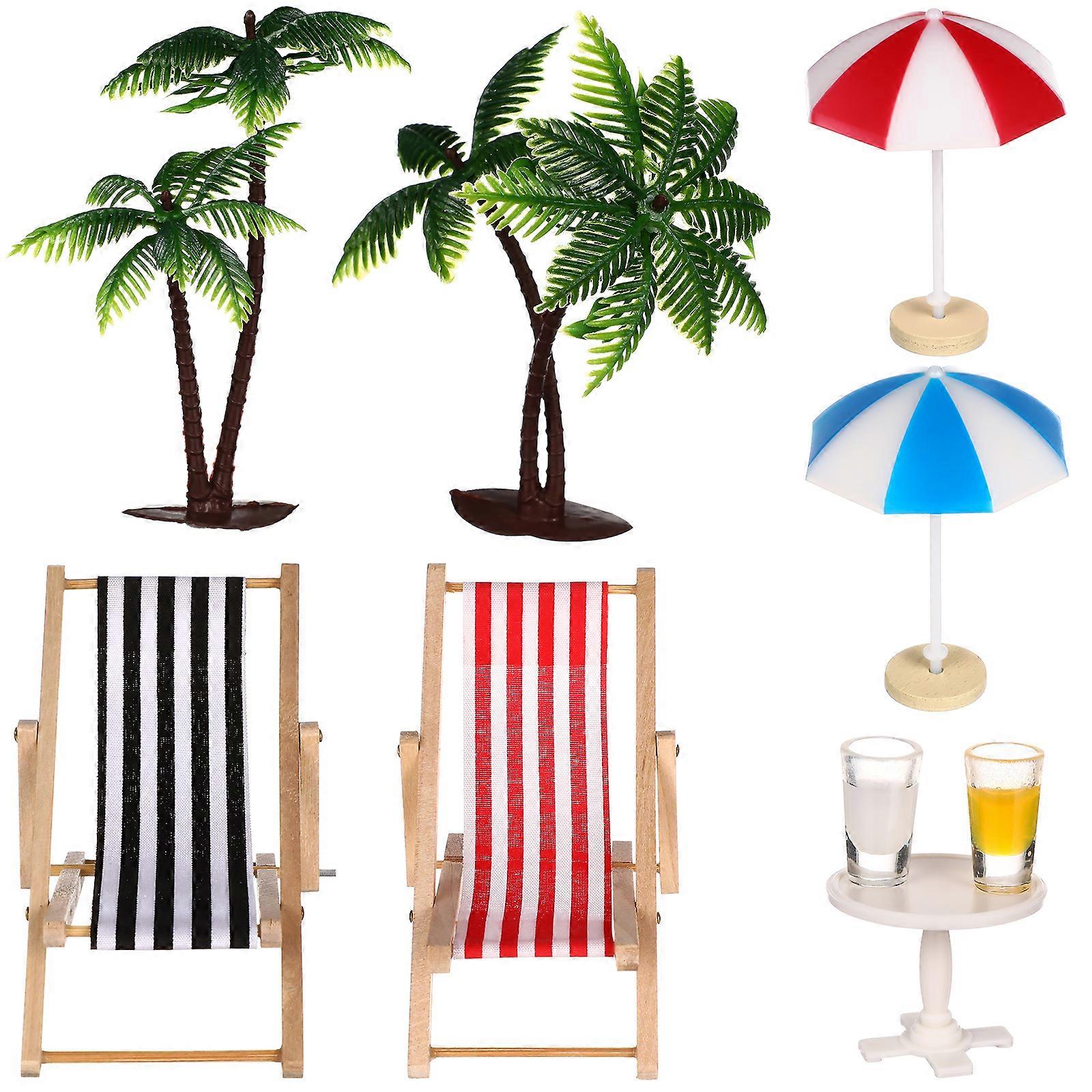 Beach Micro Landscape Miniature Set Mini Palm Trees Parasols Deckchairs Beverages Round Coffee Table Ornament for Doll House