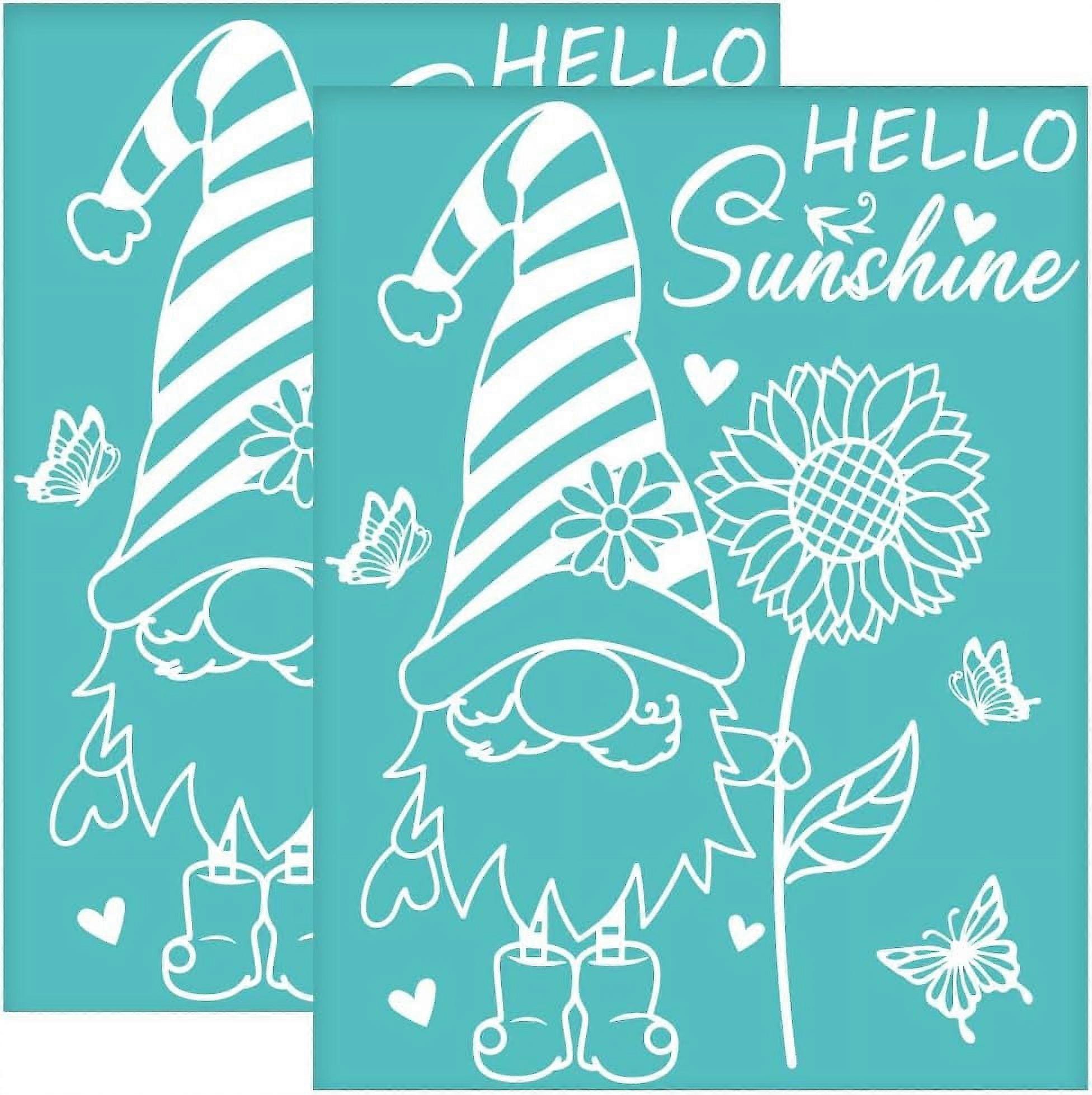 2Pcs 8.6x11 Inch Gnome Self-Adhesive Silk Screen Printing Stencil Sunflower Silk Screen Stencil Hello Sunshine Mesh Stencils Transfer for DIY T-Shirt