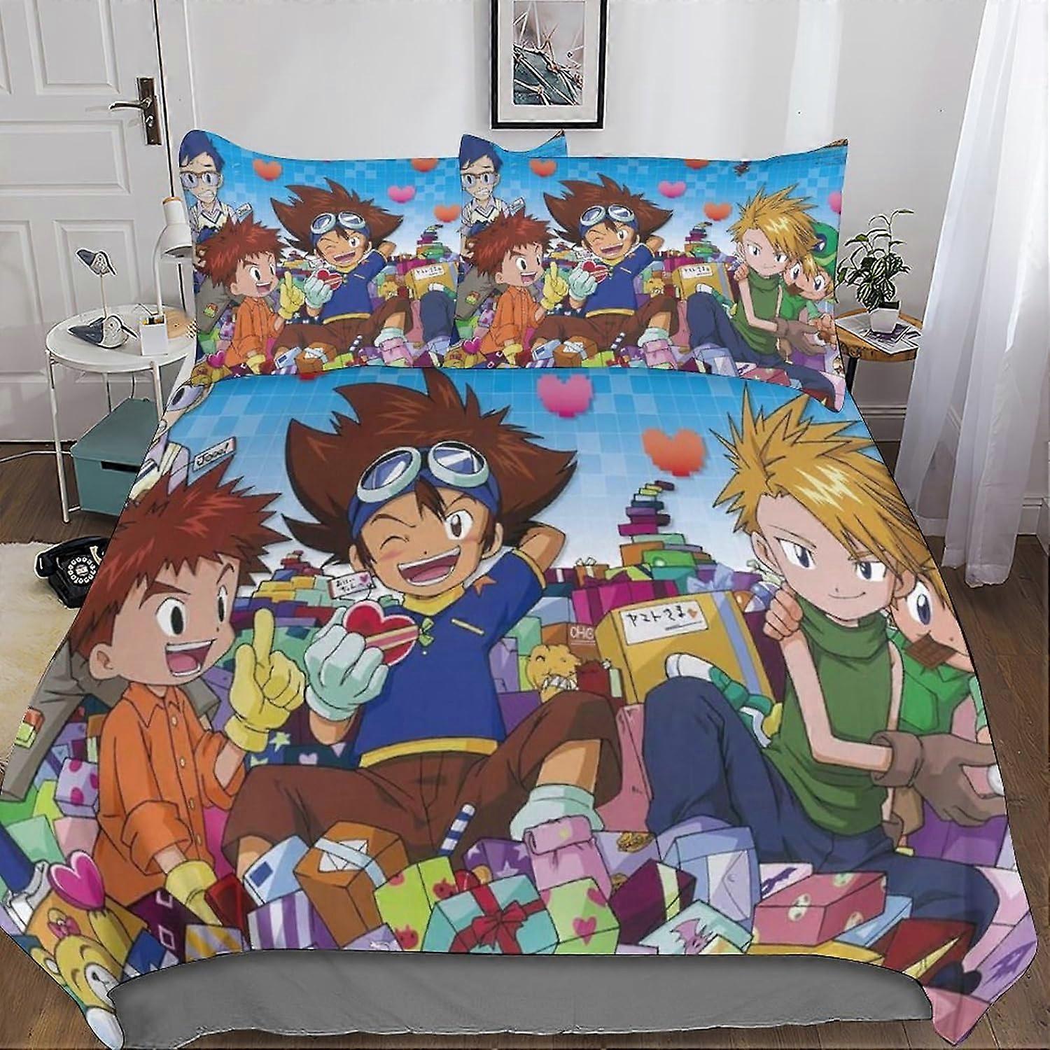 Digimon Duvet Cover Set, with Pillowcases Microfiber Anime Bedding Set with Zipper Closure 3 Pieces for Teens and Adults Double