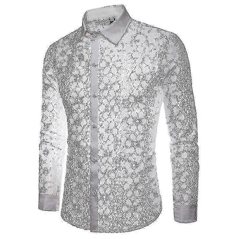 Men's Fishnet Button Down Shirts, See Through Lace Sheer Shirts