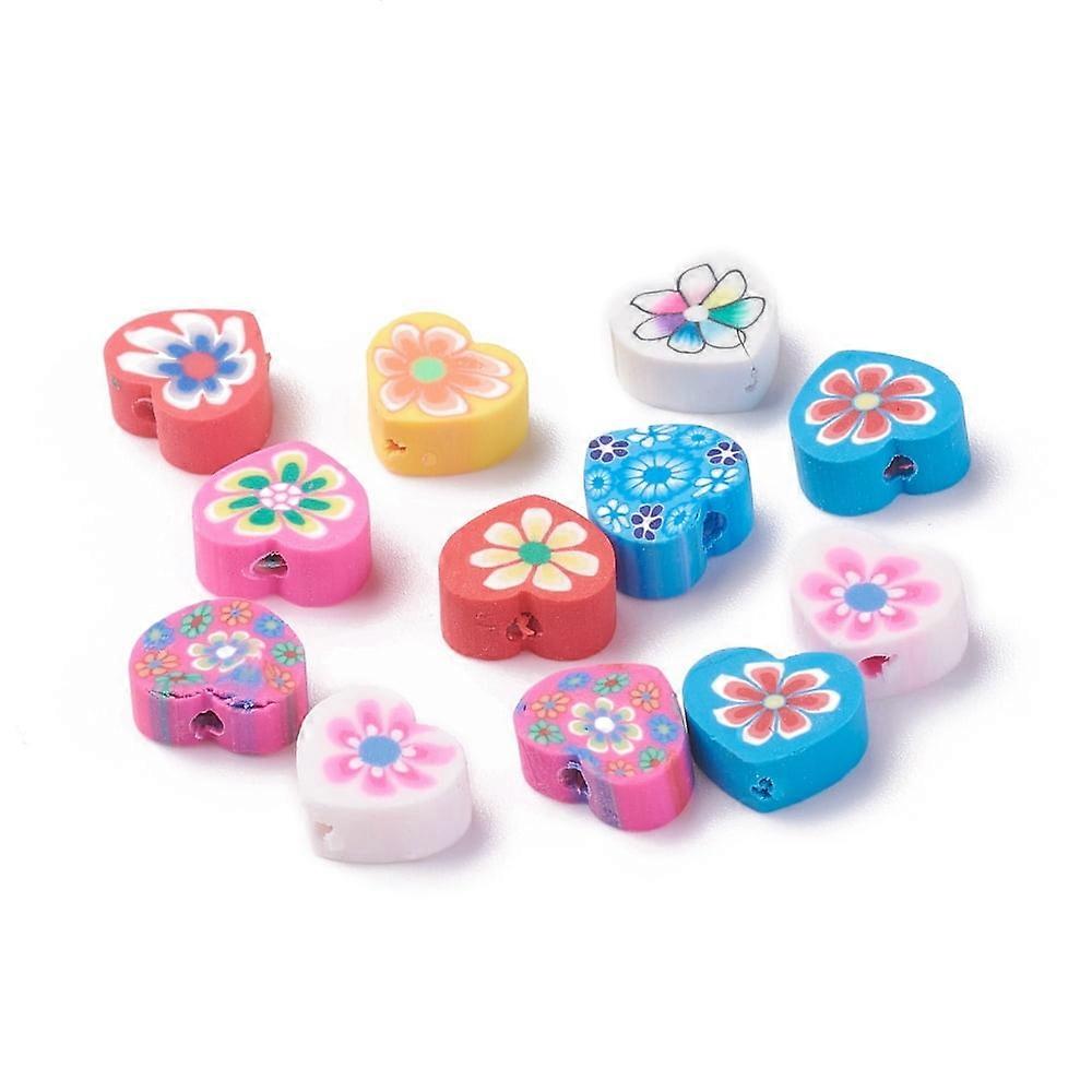50pc Handmade Polymer Clay Beads Heart with Flower Pattern Mixed Color 7.5~10x8~10.5x4~5mm Hole: 1.5mm