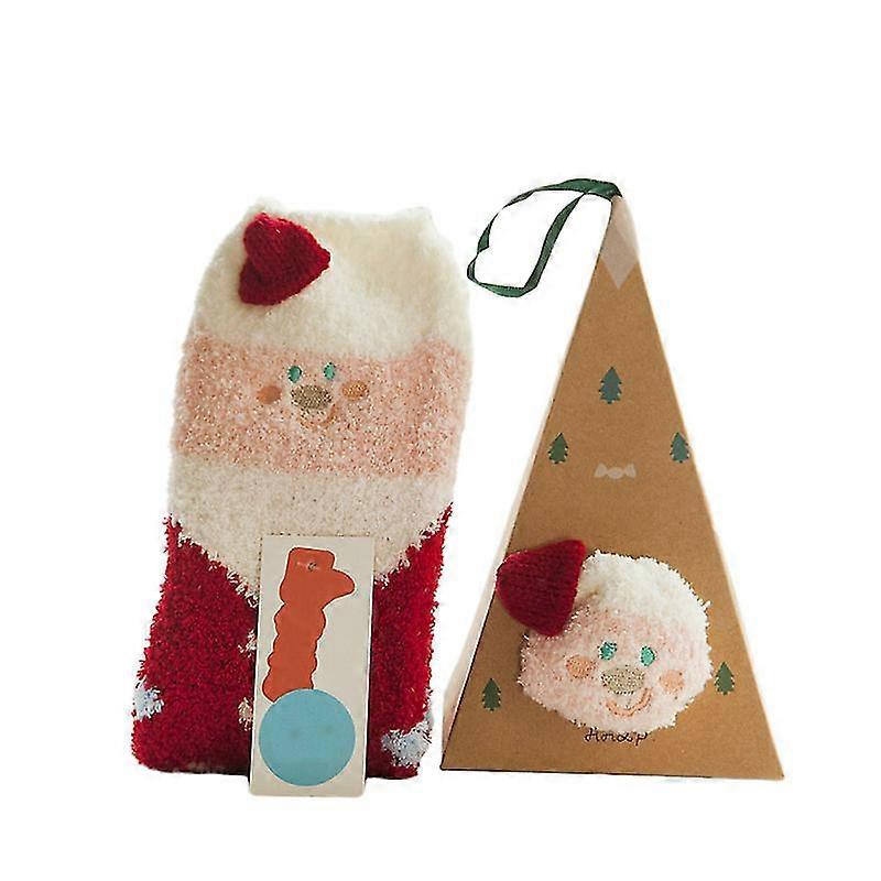 2 Pair Christmas Theme Floor Socks Lovely Coral Fleece Warm Socks Cold Protection Stocking For Winter Autumn With Triangle Box (Santa)