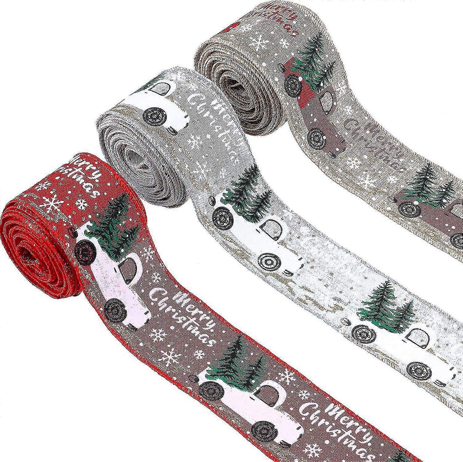 3 لفات عيد الميلاد الشريط سلكية حافة شرائط عيد ميلاد سعيد ، 2inx5yard - Quan