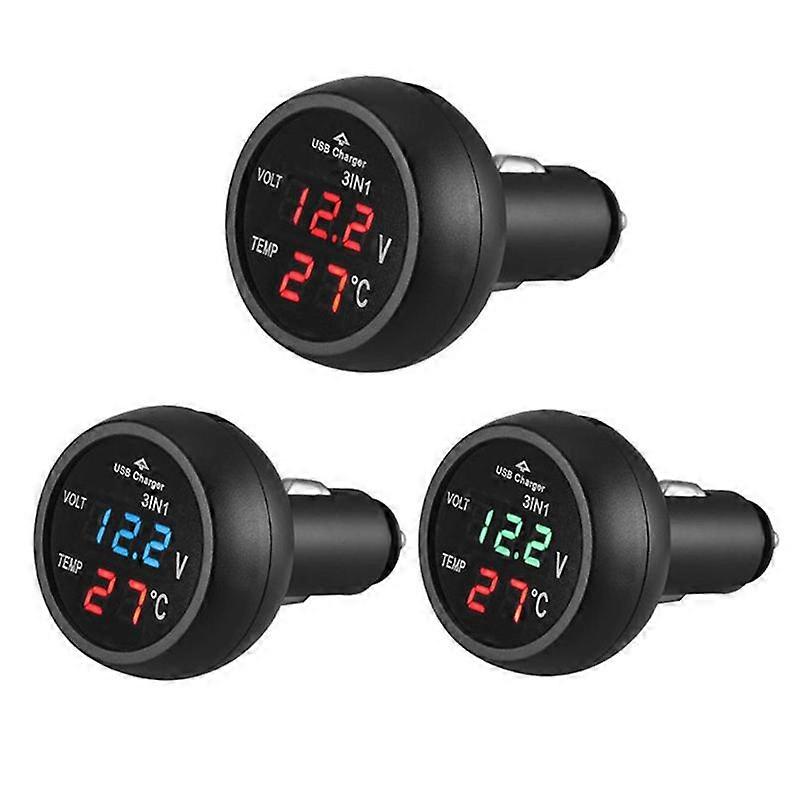 3 i 1 Digital LED Bil Sigarettenner Voltmeter Termometer Bil Lastebil USB Lader 12V / 24V Temperaturmåler Volt Meter