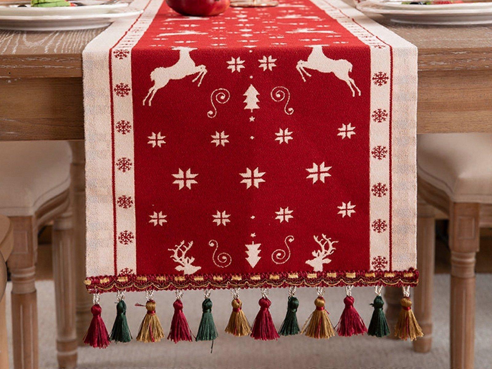 35x180cm Christmas Jacquard Tassel Table Runner - Style 3