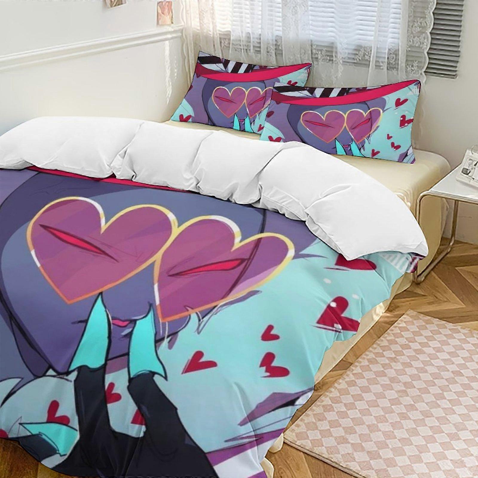v121 Hazbin Hotel 2 Cama Capa de Edredom Conjuntos de Cama de Microfibra Conjuntos de Edredom Leve de 3 Peças, 1 Capa de Edredom e 2 Fronhas para Crianças aa121