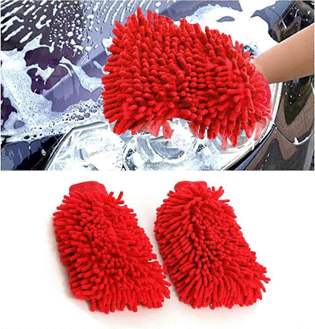2 Pieces Microfiber Car Wash Mitt, Soft Anti-Scratch Chenille Car Wash Gloves, Absorbent Cleaning Gloves Kit for Car Washing (Red)