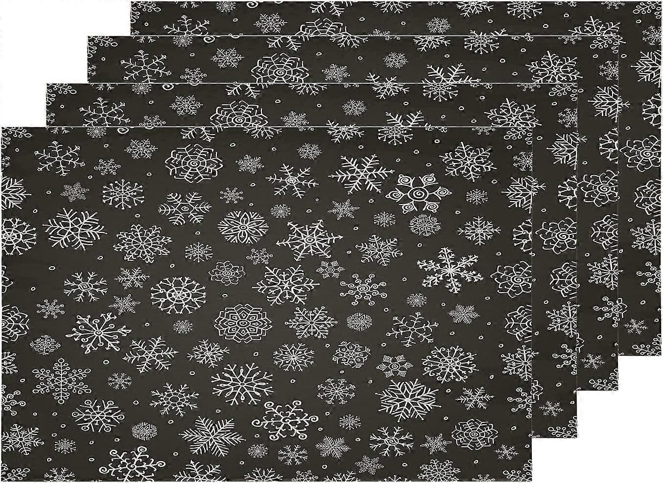 White Christmas Winter Snowflakes Placemats, Black Table Mat Linen Burlap Washable Double-Deck Heat Insulation for Dining Table Kitchen Table Set of 4