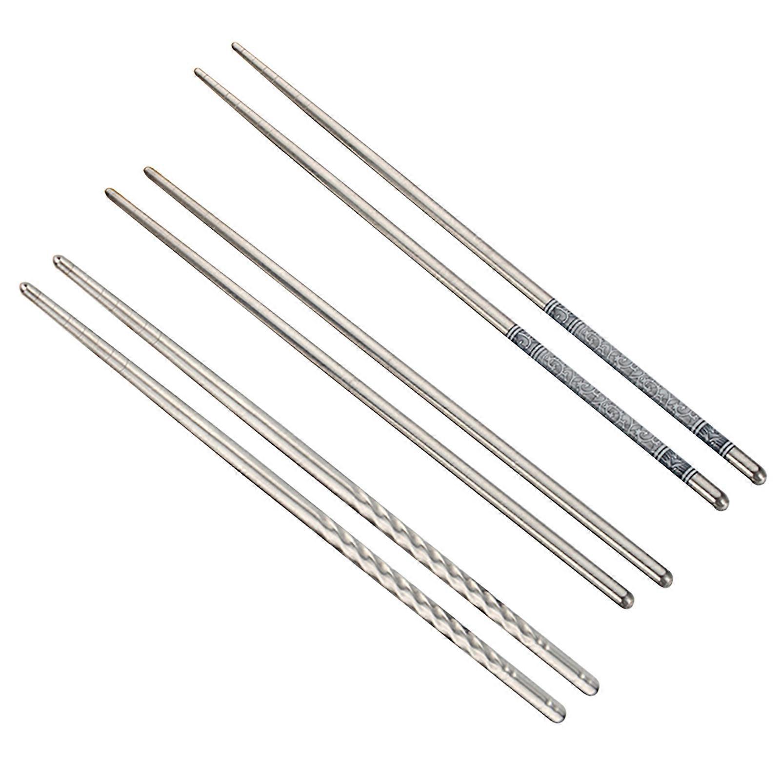 3 Pairs Stainless Steel Reusable Flower Printed Non-slip Chopsticks Tableware KAESI