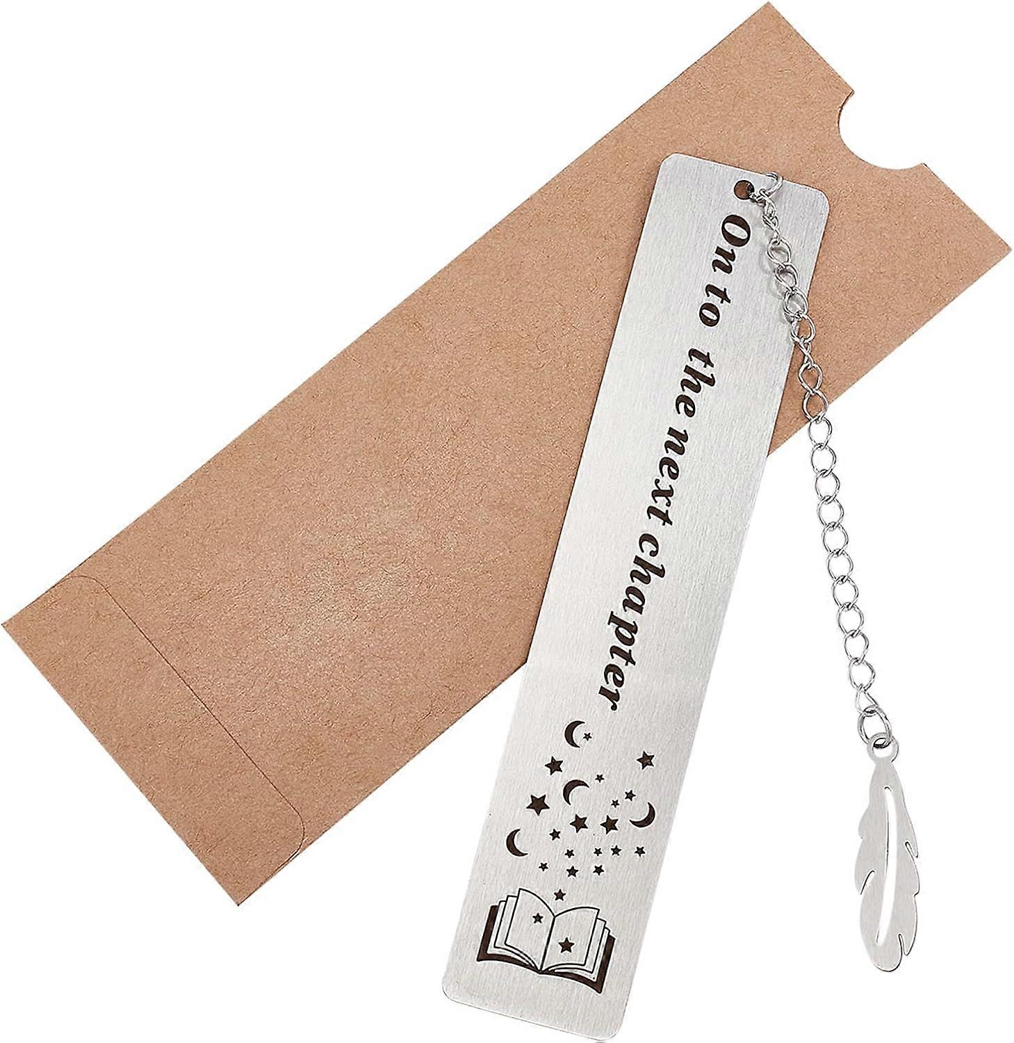 Stainless Steel Bookmarks Silver Lettering Bookmarks with Feather Pendant with Kraft Paper Bag for Book Lovers Teacher Students (On to The Next Chapte