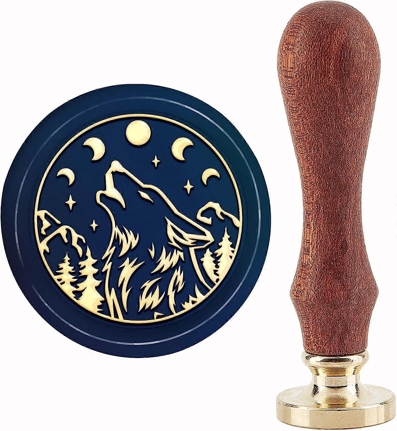 1Set Wolf Wax Seal Stamp Mountain Vintage Sealing Wax Stamps Moon Star 30mm Retro Wood Stamp Removable Brass Head
