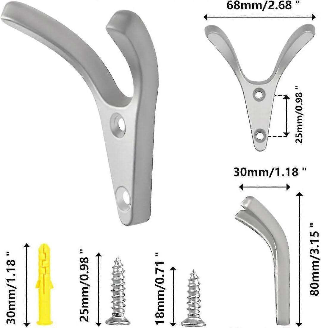 6pcs Double Prong Coat Hooks Wall Mounted,minimalist Design Dual Wall Hooks Solid Zinc Alloy Robe Hooks Hanging Key Bags Hats