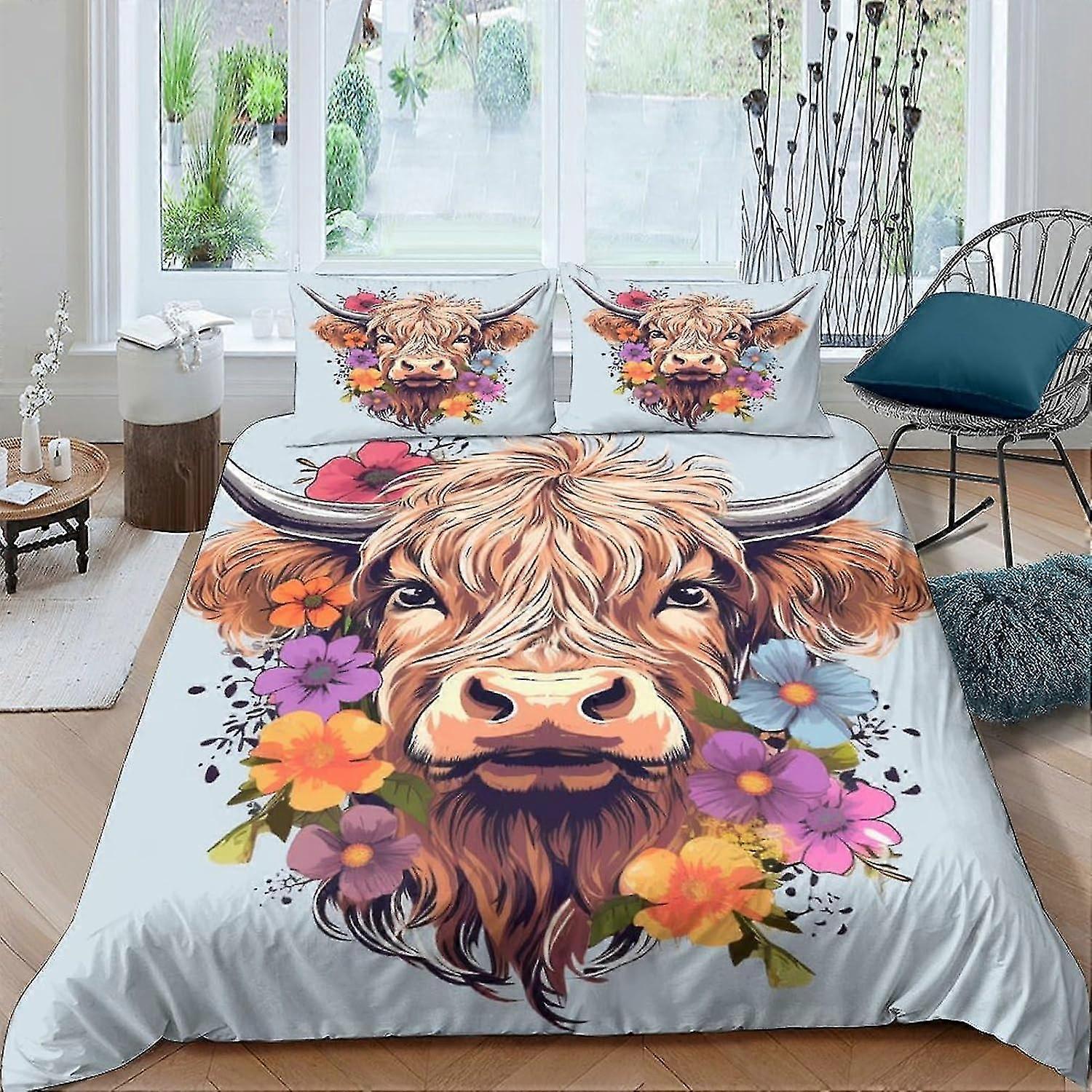 o2853 Lençóis Highland Cow Duvet Cover Microfiber Bedding Set, Capa de edredom de impressão 3D e fronha, Com fecho de zíper, Capa de edredom macia para